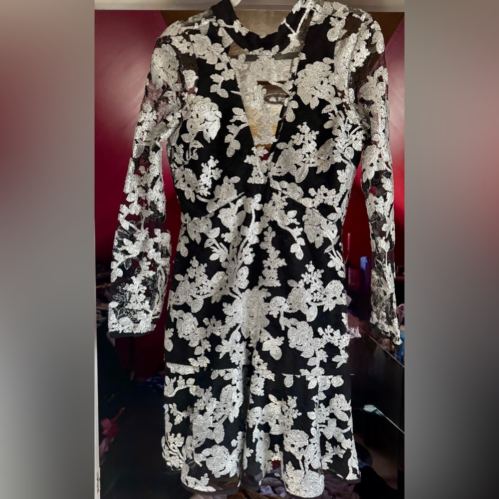 Adelyn Rae Black Dress with Silver Floral Lace Accents